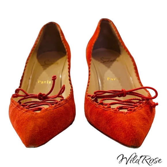 CHRISTIAN LOUBOUTIN “SCALOPUMP” 85 RED SUEDE SCALLOP TRIM LACE UP TIE HEELS 37.5 - Picture 6 of 17